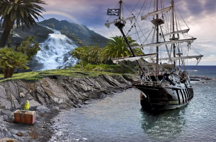 sea, Ship, Rocks, Chest, Parrot, Pirate, Waterfall, Fantasy HD Wallpaper Desktop Background