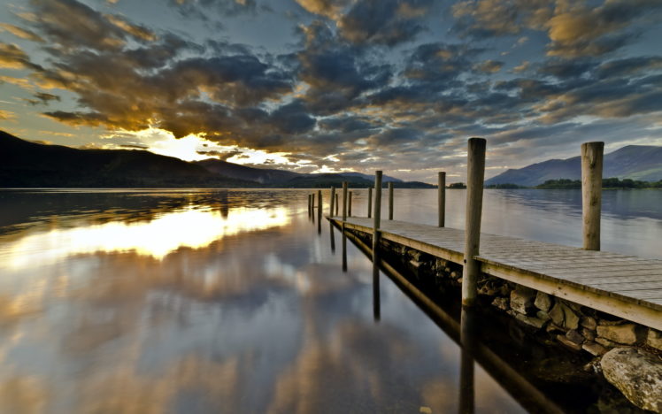 reflection, Nature, Lakes, Landscapes, Dock, Mountains, Sky, Clouds, Sunset, Sunrise HD Wallpaper Desktop Background