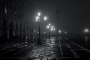 venice, Italy, Piazza, San, Marco, City, Night, Fog, Lights, Black, And, White, Mood