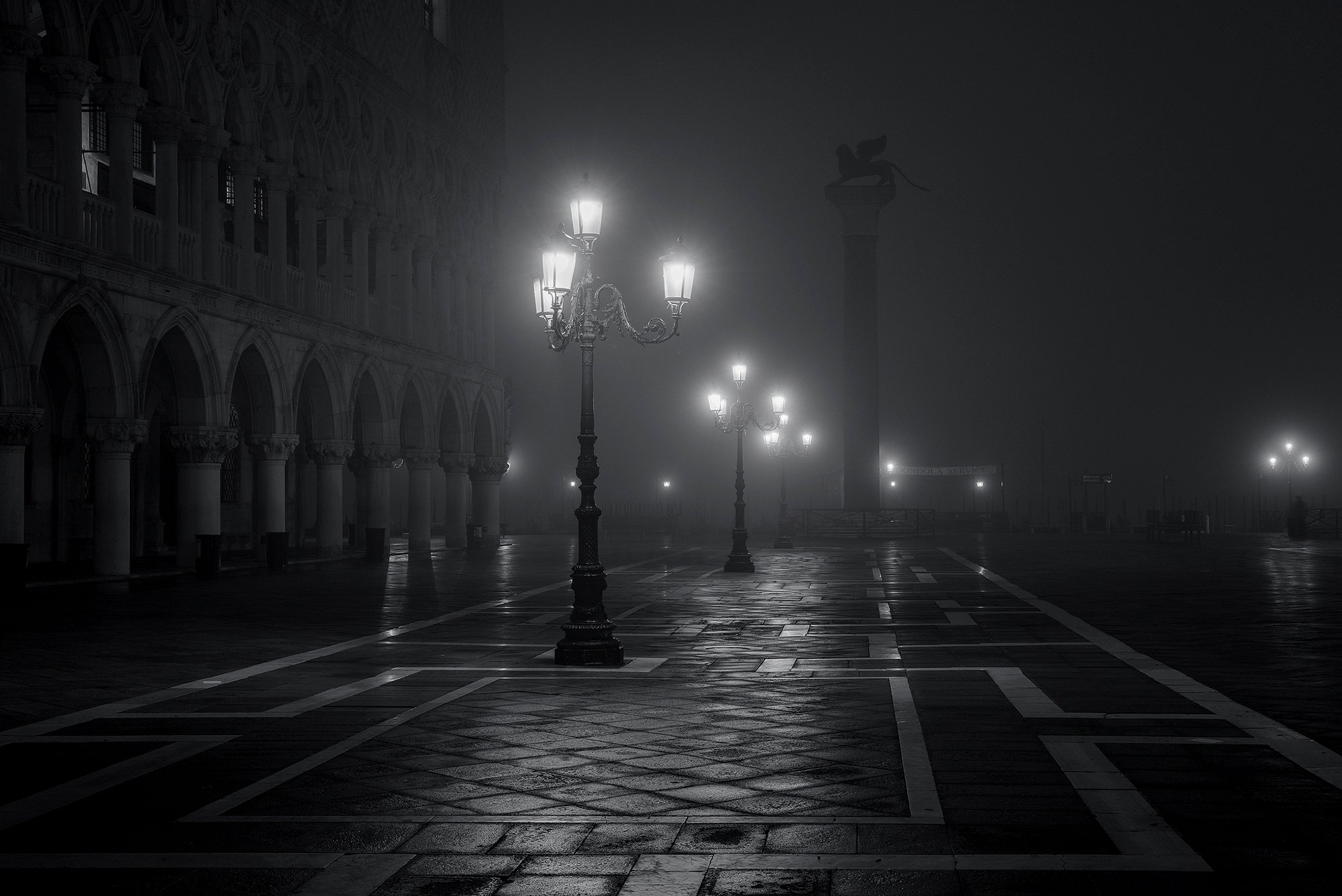 venice, Italy, Piazza, San, Marco, City, Night, Fog, Lights, Black, And, White, Mood Wallpaper