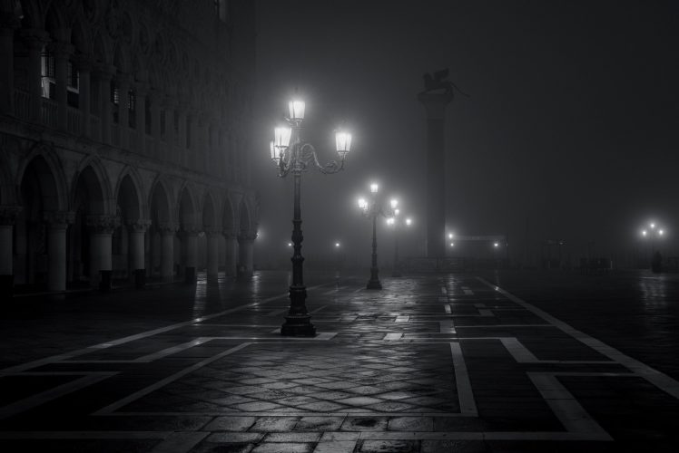 venice, Italy, Piazza, San, Marco, City, Night, Fog, Lights, Black, And, White, Mood HD Wallpaper Desktop Background
