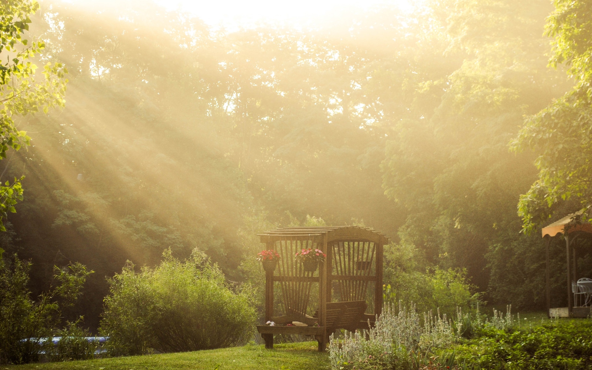 bench, Garden, Rivers, Stream, Trees, Forest, Sunlight, Beams, Rays, Flowers, Landscapes Wallpaper