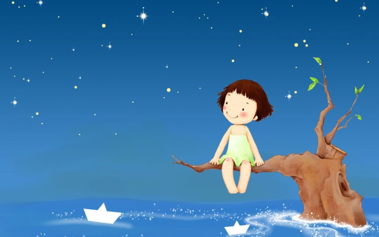 cartoon, Vector, Art, Girl, Ocean, Sea, Night, Mood, Trees, Boats, Sky, Stars, Cute HD Wallpaper Desktop Background