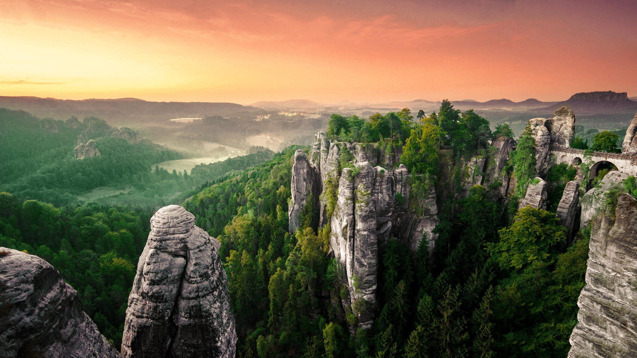 rocks, Landscape, Forest, Mist, Panorama Wallpaper