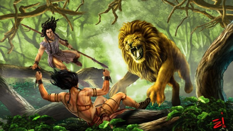 lion, Predator, Fantasy, Art, Trees, Jungles, Forest, Battle, Weapons, Warriors, Men, Males, Boy HD Wallpaper Desktop Background