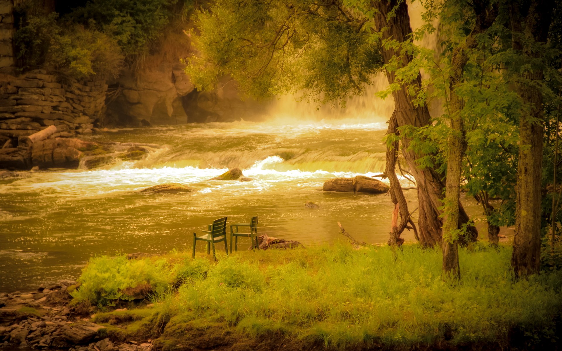 mood, Bench, Rustic, Chair, Nature, Landscapes, Rivers, Waterfall, Rapids, Trees, Forest, Shore, Fishing, Fog Wallpaper