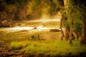 mood, Bench, Rustic, Chair, Nature, Landscapes, Rivers, Waterfall, Rapids, Trees, Forest, Shore, Fishing, Fog