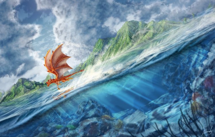 ocean, Sea, Underwater, Fantasy, Art, Dragons, Flight HD Wallpaper Desktop Background