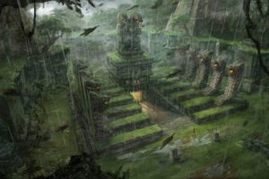 tomb, Raider, Underworld, Conceptual, Artwork, Lara, Croft, Fantasy, Jungle, Inca, Aztec, Mayan, Architecture, Rain, Drops, Buildings