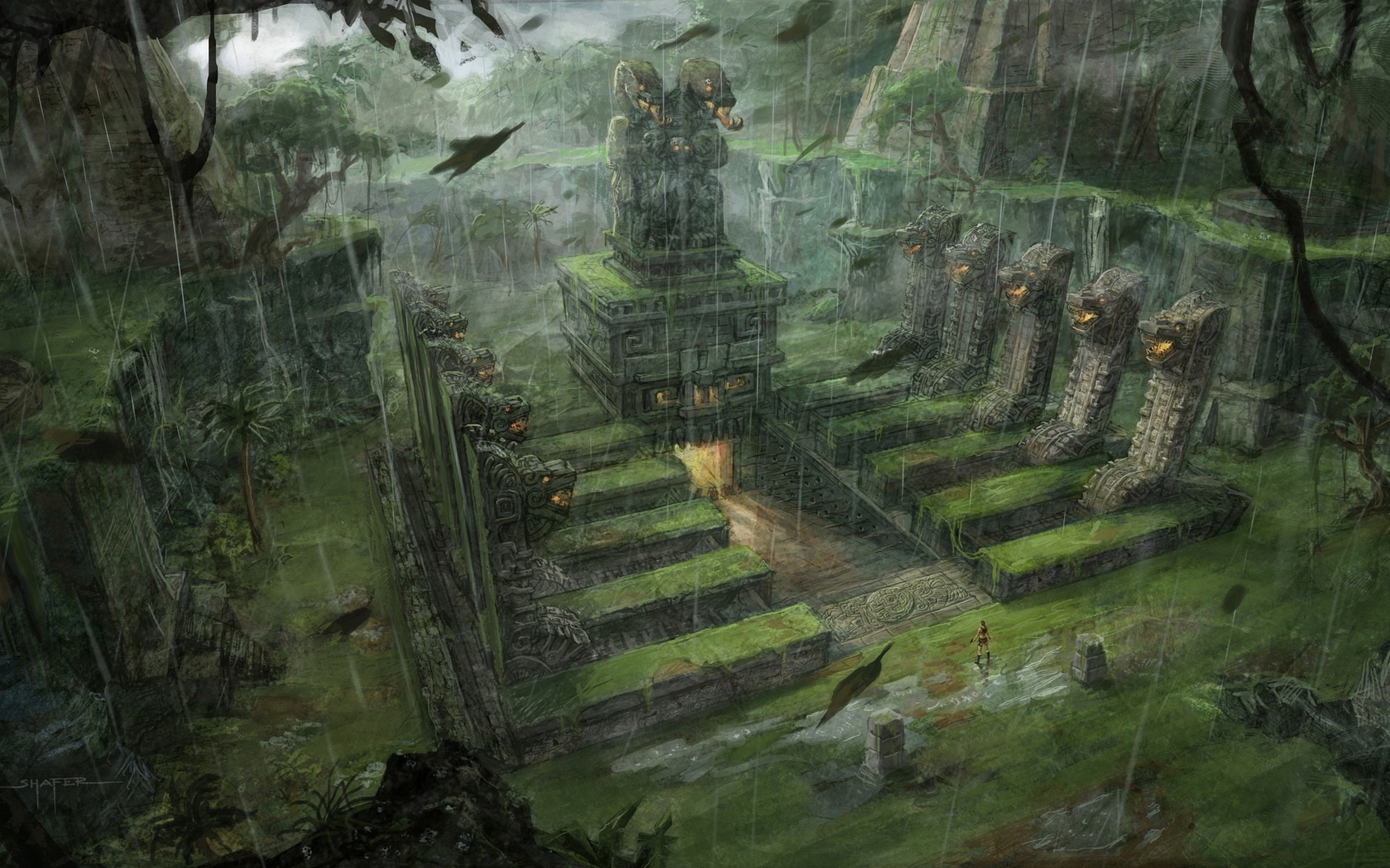 tomb, Raider, Underworld, Conceptual, Artwork, Lara, Croft, Fantasy, Jungle, Inca, Aztec, Mayan, Architecture, Rain, Drops, Buildings Wallpaper