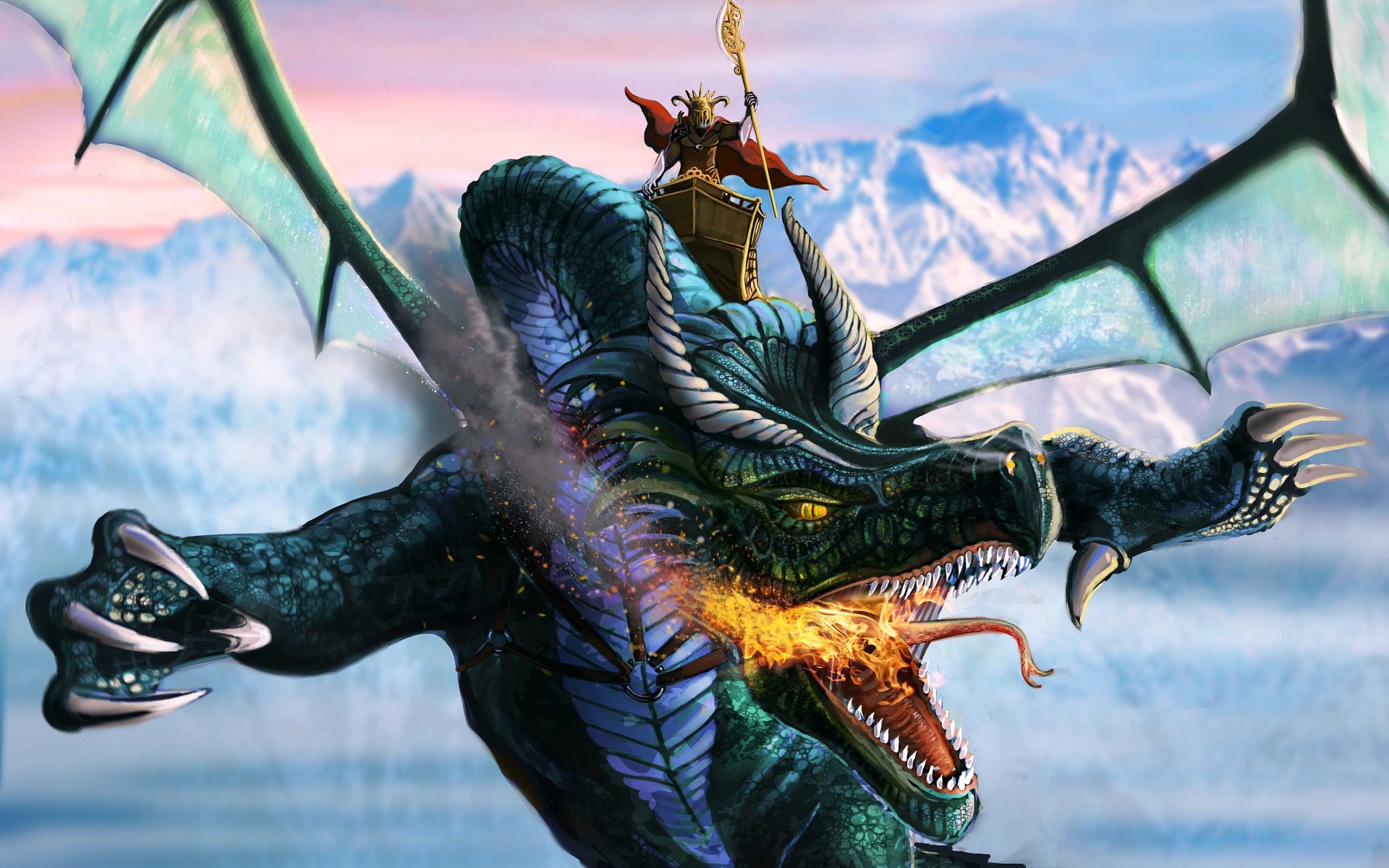 wings, Dragons, Fantasy, Art, Warrior, Flight, Mountains, Sky, Fire Wallpaper