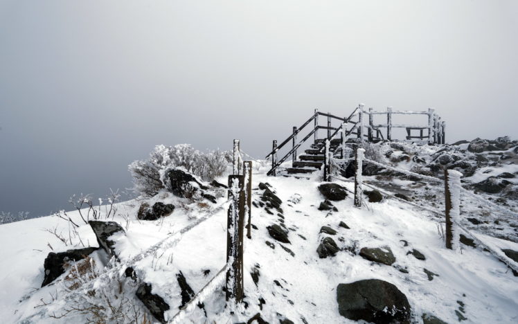 stairs, Nature, Landscapes, Winter, Snow, Architecture, Mountains, Hills, Stone, Rocks, Sky, Fence HD Wallpaper Desktop Background