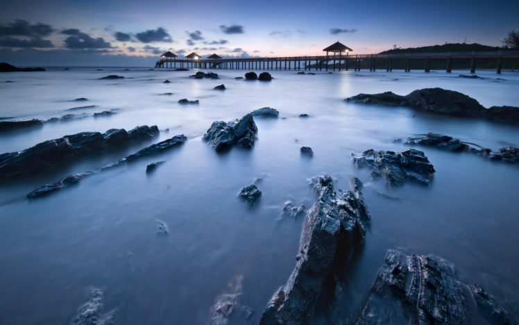 dock, Pier, Architecture, Beaches, Ocean, Sea, Water, Sky, Sunset, Sunrise, Stone, Rocks HD Wallpaper Desktop Background