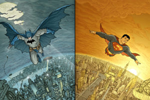 batman, Superman, Cities, Flight, Superhero