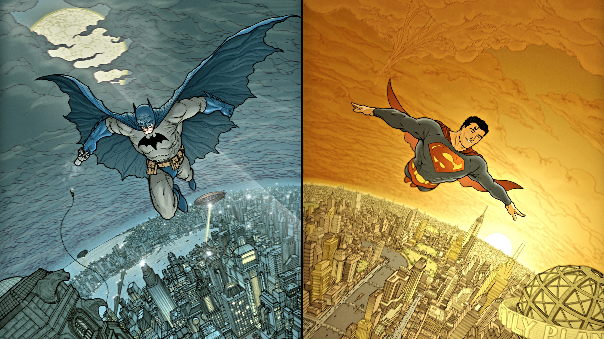 batman, Superman, Cities, Flight, Superhero Wallpaper