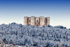 castel, Del, Monte, Castle, Snow, Winter, Trees, Forest, Architecture, Buildings