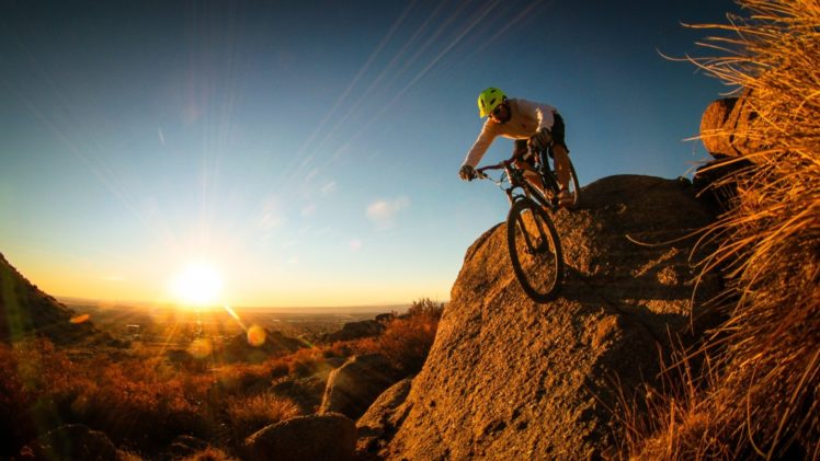 mountain, Bike, Man, Cyclist, Sunrise, Sunset, Landscapes, Sky, Sunlight, Beams, Rays, People, Men, Extreme, Stone, Rock HD Wallpaper Desktop Background