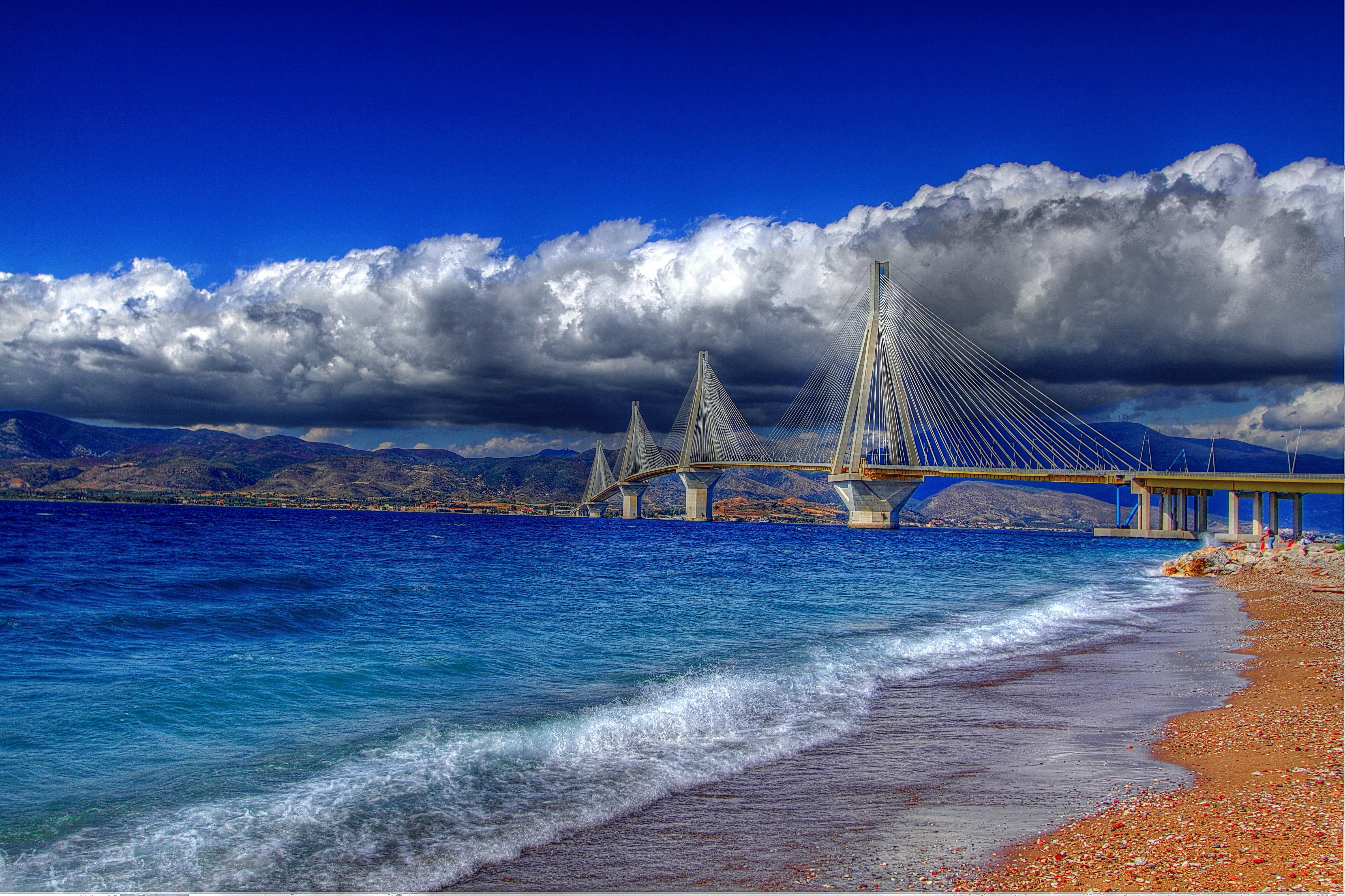 greece, Gulf, Of, Corinth, Cable stayed, Bridge, Rio, Antirio, Water, Coast, Color, Stones, Pebbles, Sky, Clouds Wallpaper