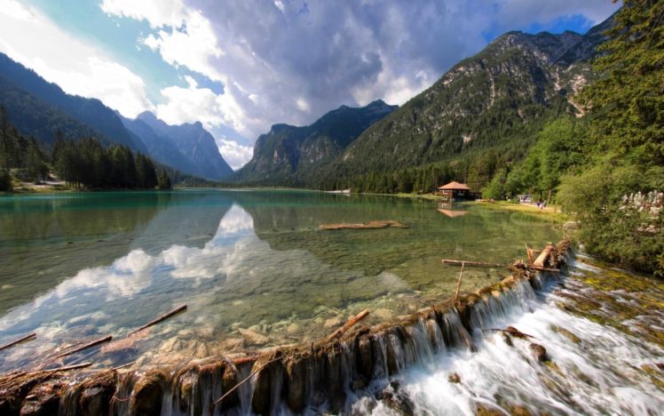 lake, House, Landscape, Wood, Stones, Mountains HD Wallpaper Desktop Background