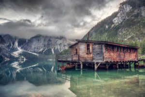 lake, Reflection, Dock, Boat, Forest, Mountains, Landscape