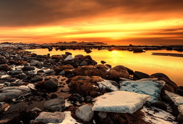 snow, Water, Rocks, Clouds, Sunset HD Wallpaper Desktop Background