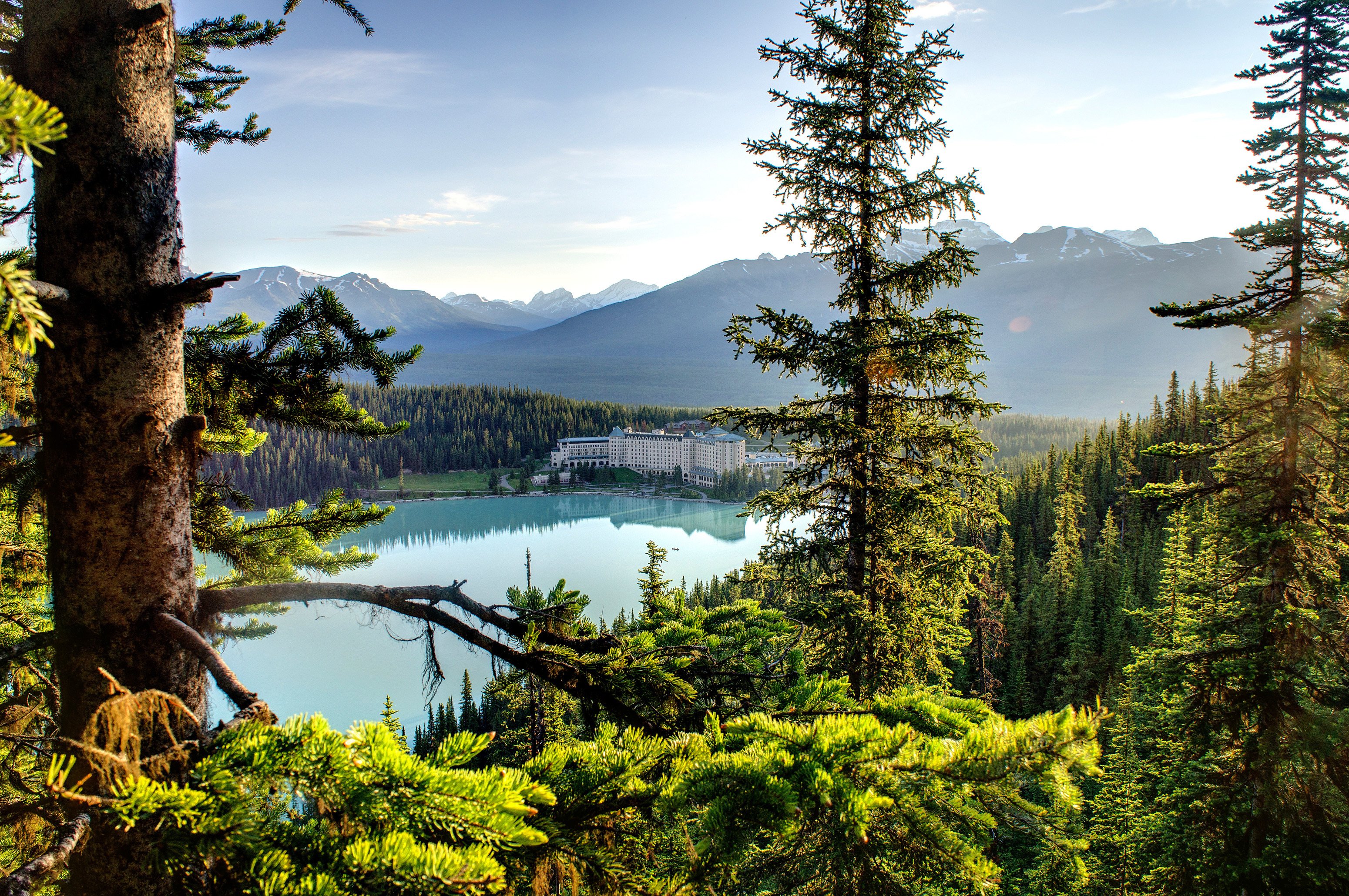 canada, Trees, Sky, Forest, Lake, Hotel, Nature, Mountains, House Wallpaper