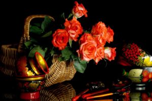 still, Life, Roses, Spoons, Painting, Basket