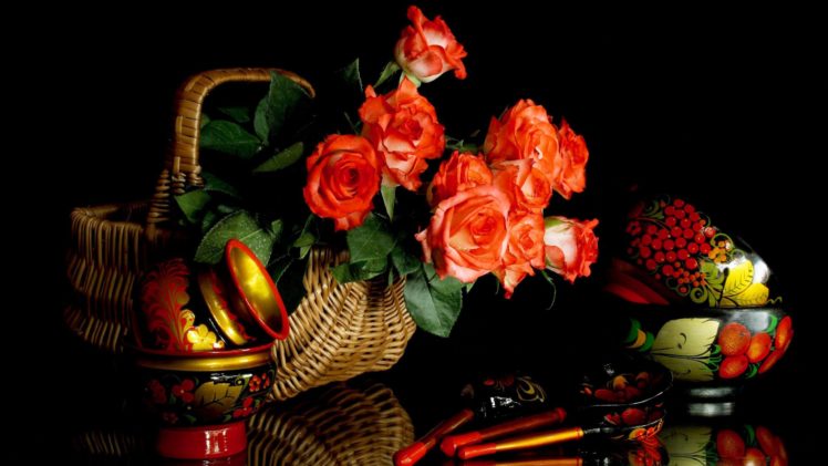 still, Life, Roses, Spoons, Painting, Basket HD Wallpaper Desktop Background