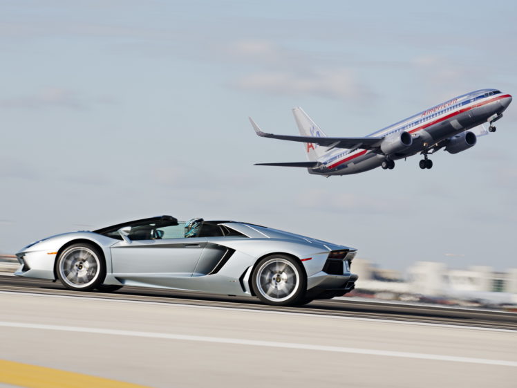 2014, Lamborghini, Aventador, Roadster, Supercar, Silver, Airplanet, Jets, Aircrafts, Flight HD Wallpaper Desktop Background