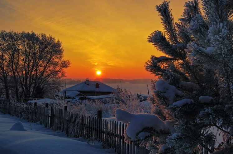 architecture, Buildings, Houses, Winter, Snow, Trees, Sky, Sunset, Sunrise, Fence HD Wallpaper Desktop Background