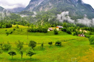 bovec, Slovenia, Mountains, Grass, Nature, Landscapes, Fields, Grass, Trees, Forest, Mountains, Fog, Clouds, Woods, Fence, Rustic, Farm, Architecture, Buildings, Houses