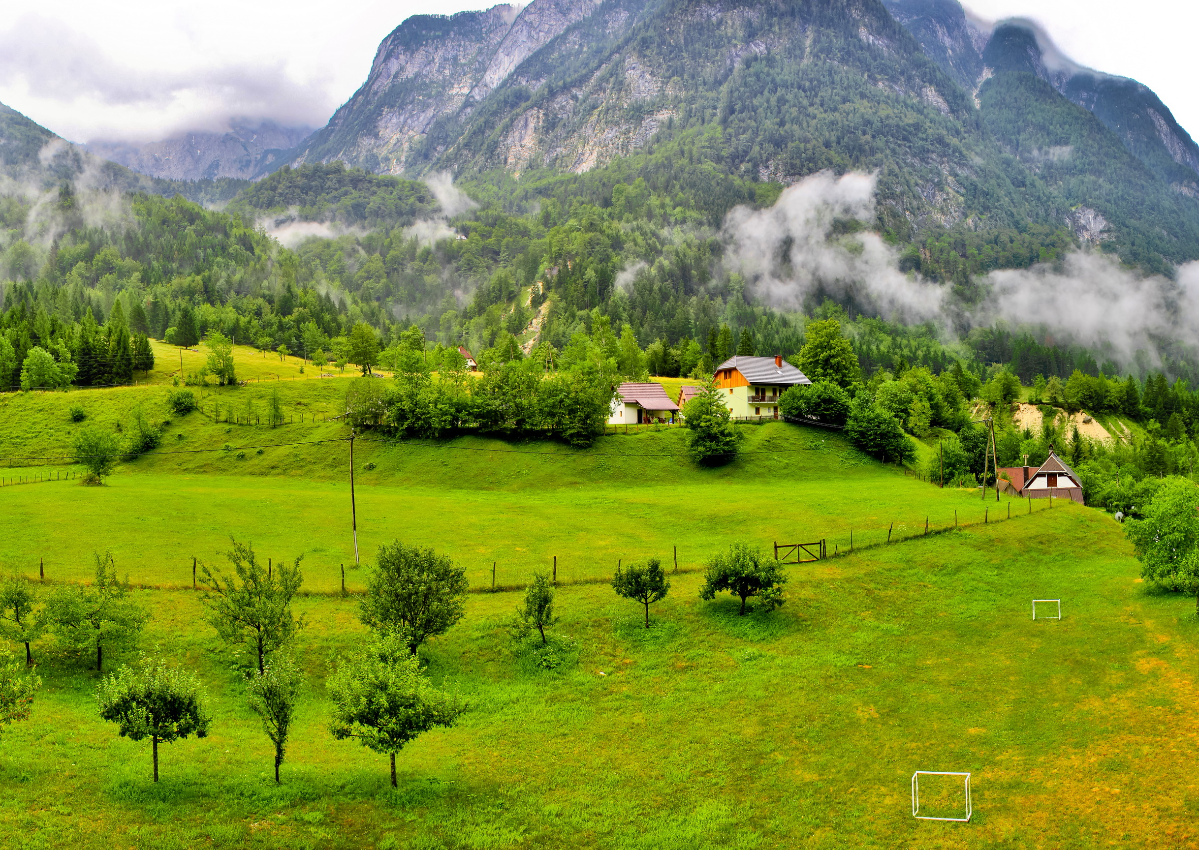 bovec, Slovenia, Mountains, Grass, Nature, Landscapes, Fields, Grass, Trees, Forest, Mountains, Fog, Clouds, Woods, Fence, Rustic, Farm, Architecture, Buildings, Houses Wallpaper