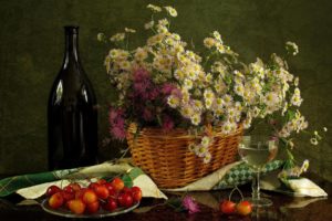 bottle, Flowers, Still, Life, Glass, Basket, Chrysanthemum