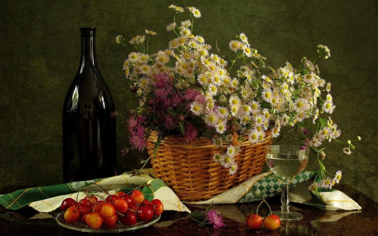 bottle, Flowers, Still, Life, Glass, Basket, Chrysanthemum HD Wallpaper Desktop Background