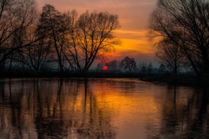 river, Sunset, Trees, Reflection
