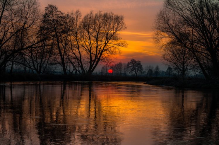 river, Sunset, Trees, Reflection HD Wallpaper Desktop Background