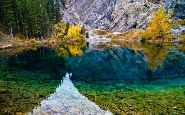rocks, Mountain, Trees, Forest, Lake, Reflection, Autumn HD Wallpaper Desktop Background