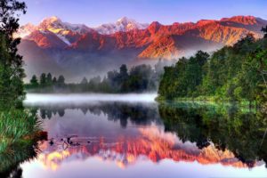south, Island, New, Zealand, Landscape, Reflection, River, Forest, Fog, Mist