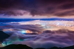 lights, Taipei, Clouds, Fog, Night