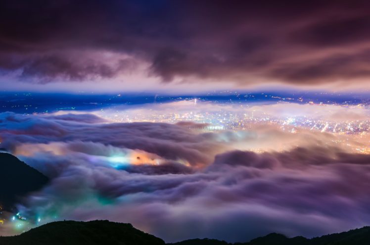 lights, Taipei, Clouds, Fog, Night HD Wallpaper Desktop Background