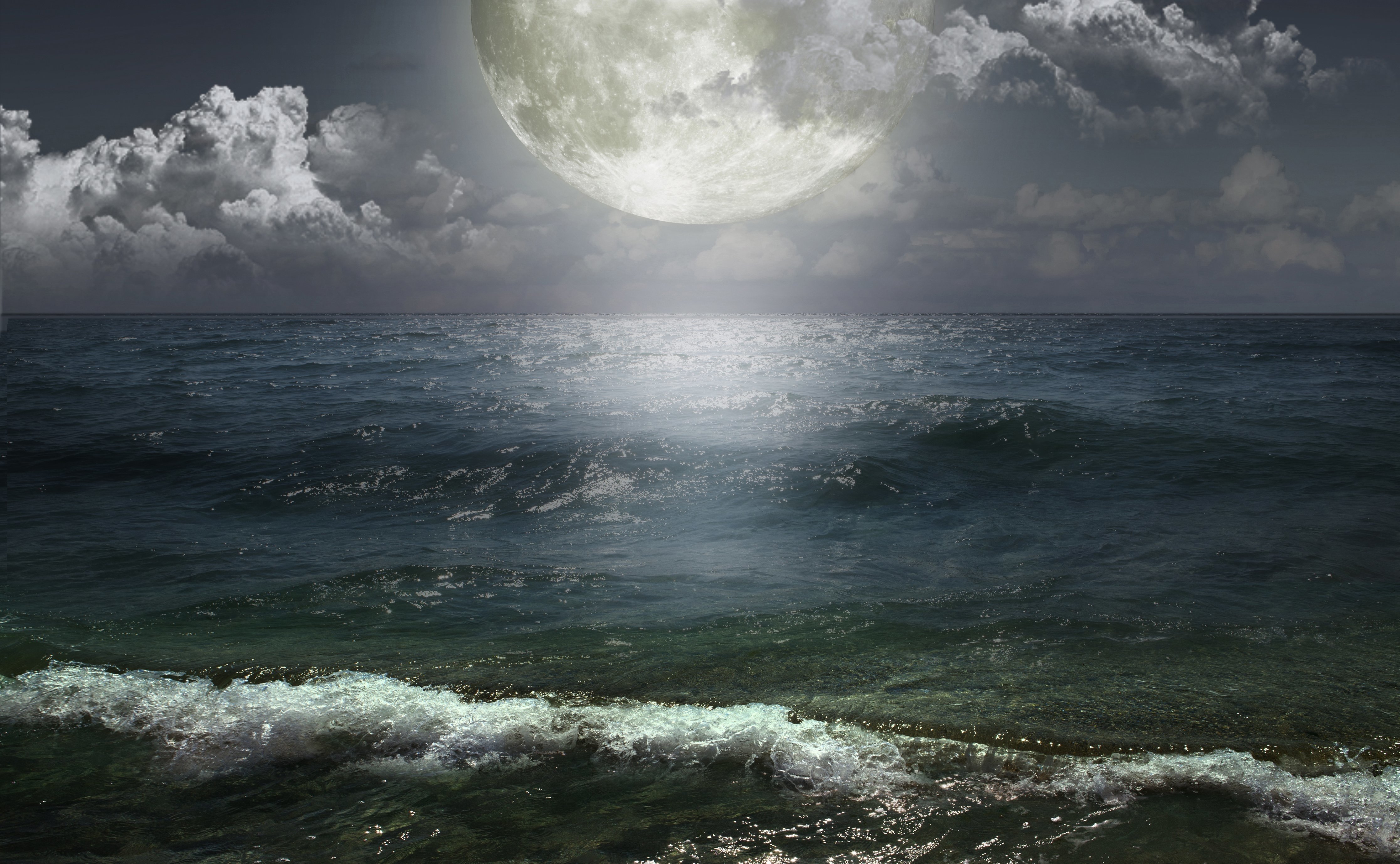 moon, Waves, Clouds, Sea, Ocean, Sky Wallpaper