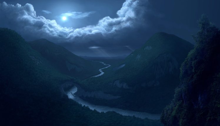 cg, Digital, Art, Nature, Landscapes, Rivers, Valley, Mountains, Trees, Forest, Woods, Night, Sky, Moon, Clouds, Reflection HD Wallpaper Desktop Background