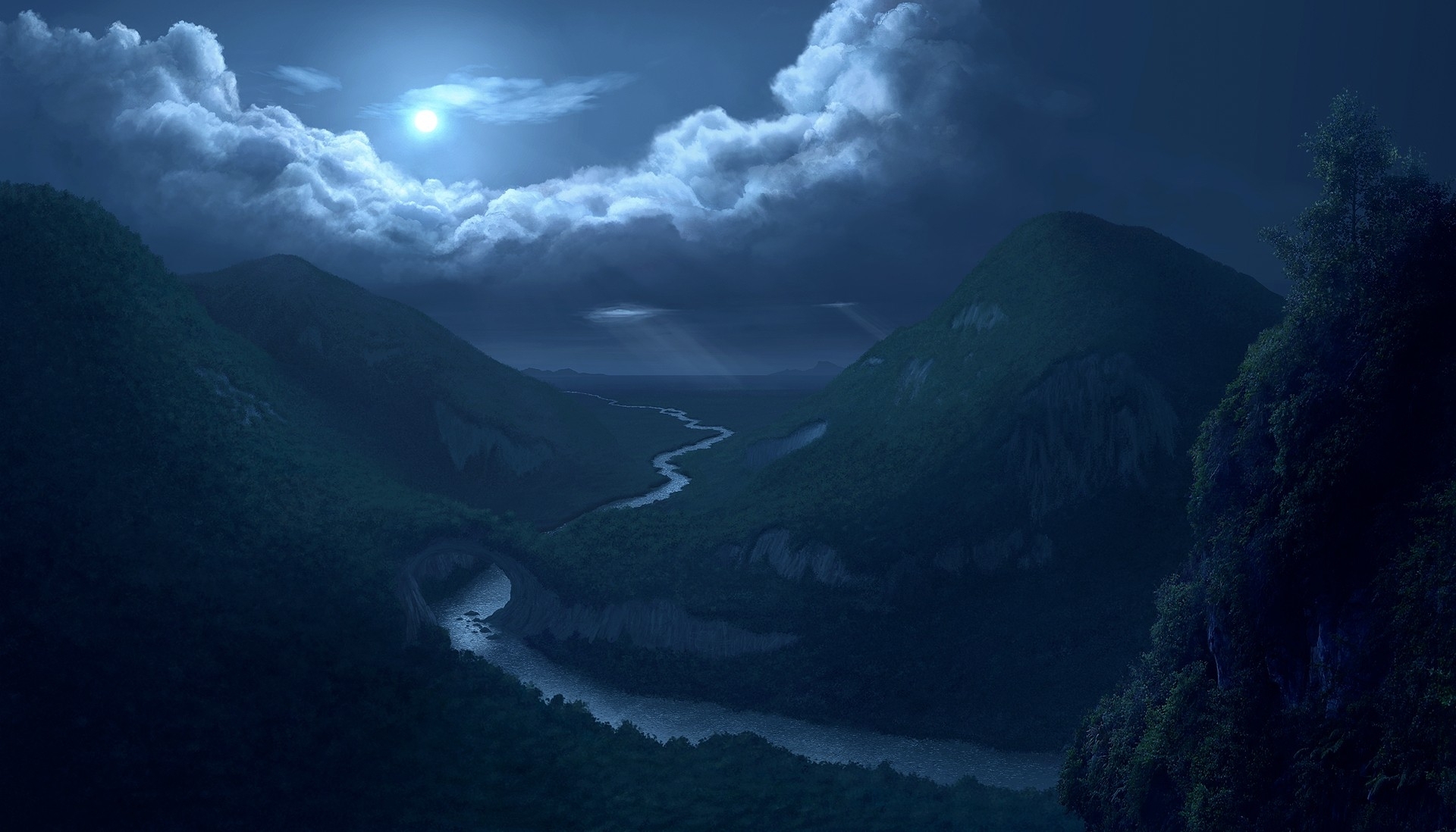 cg, Digital, Art, Nature, Landscapes, Rivers, Valley, Mountains, Trees, Forest, Woods, Night, Sky, Moon, Clouds, Reflection Wallpaper