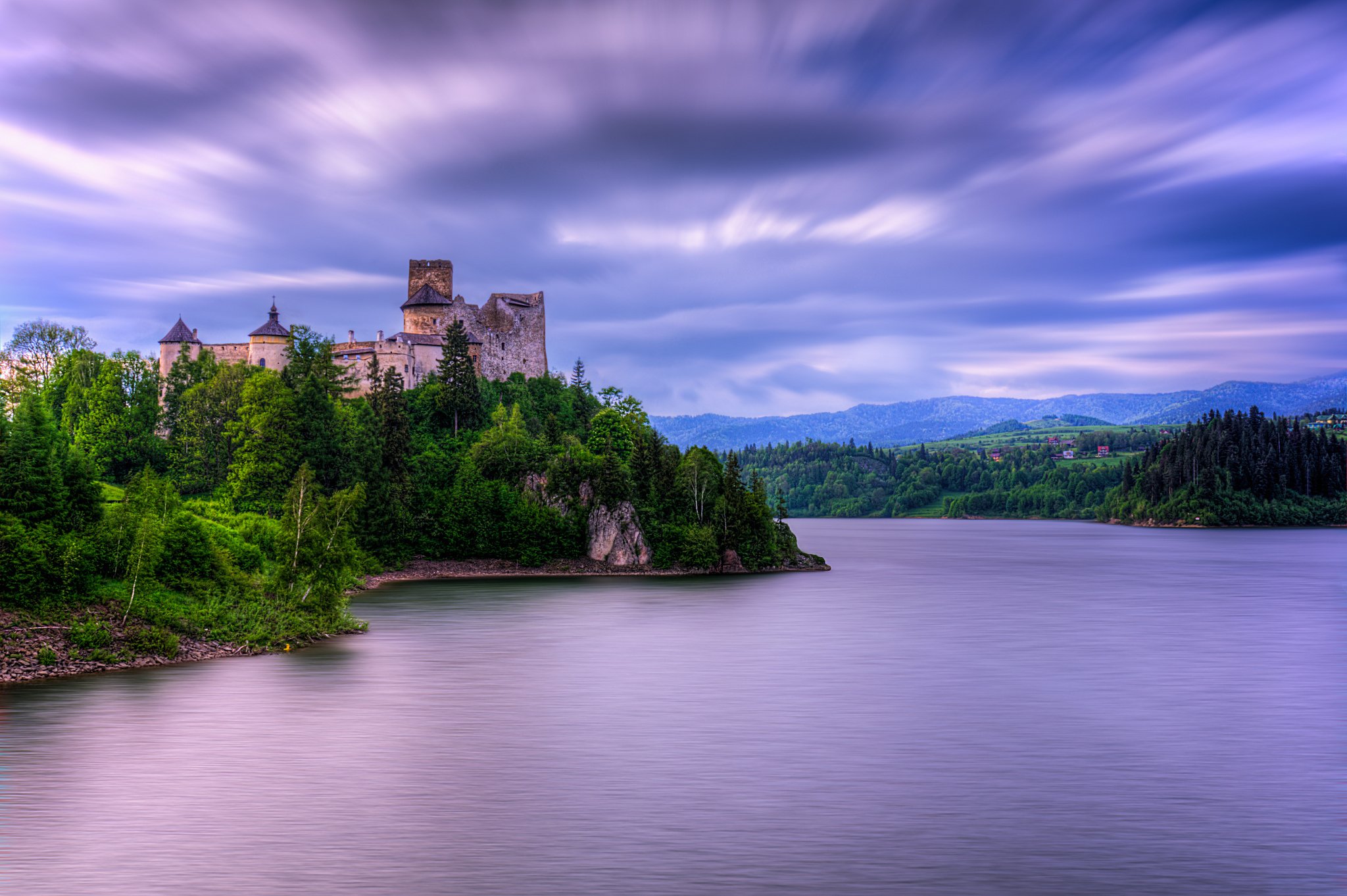 clouds, Castle, Hills, Lake, Trees Wallpaper