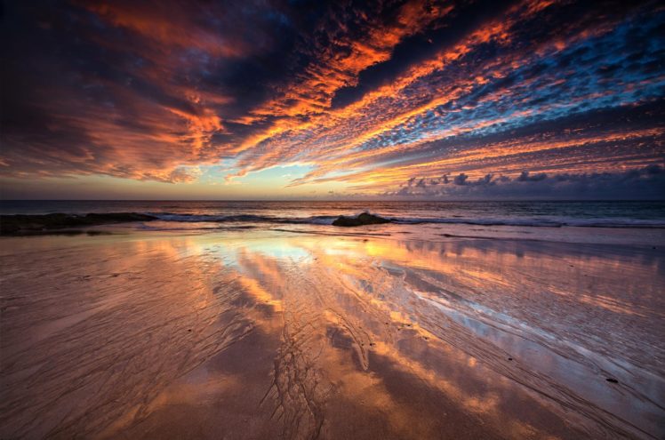 clouds, Sunset, Sea, Tide, Reflection, Beach, Sky HD Wallpaper Desktop Background