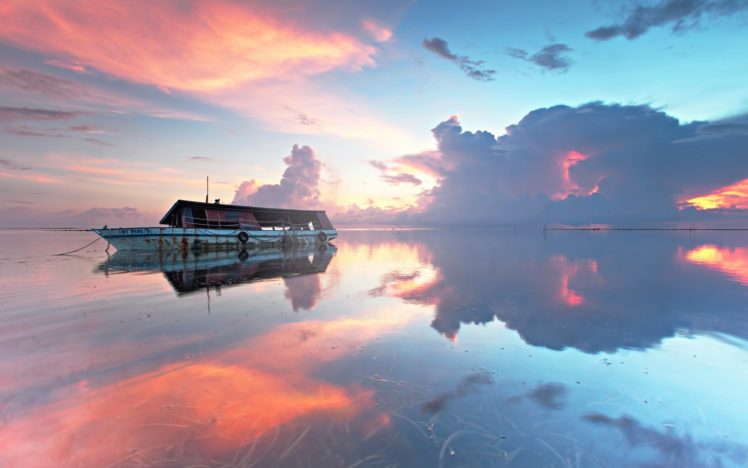 sunset, Boat, Landscape, Sea, Ocean, Reflection HD Wallpaper Desktop Background