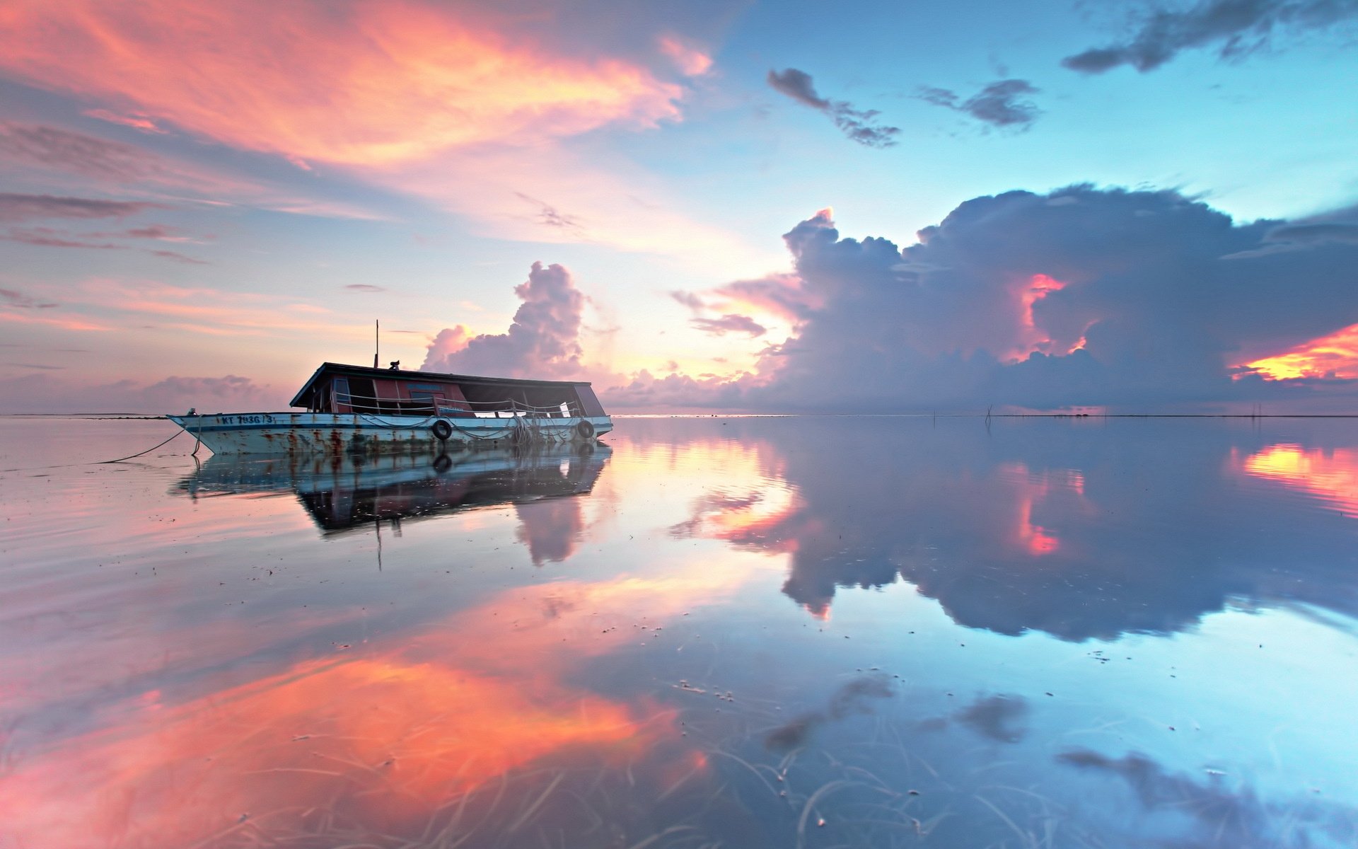 sunset, Boat, Landscape, Sea, Ocean, Reflection Wallpaper