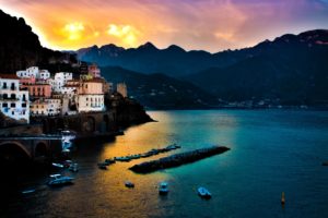 tyrrhenian, Sea, Amalfi, Italy, Town, Village, Building, Sunset, Marina