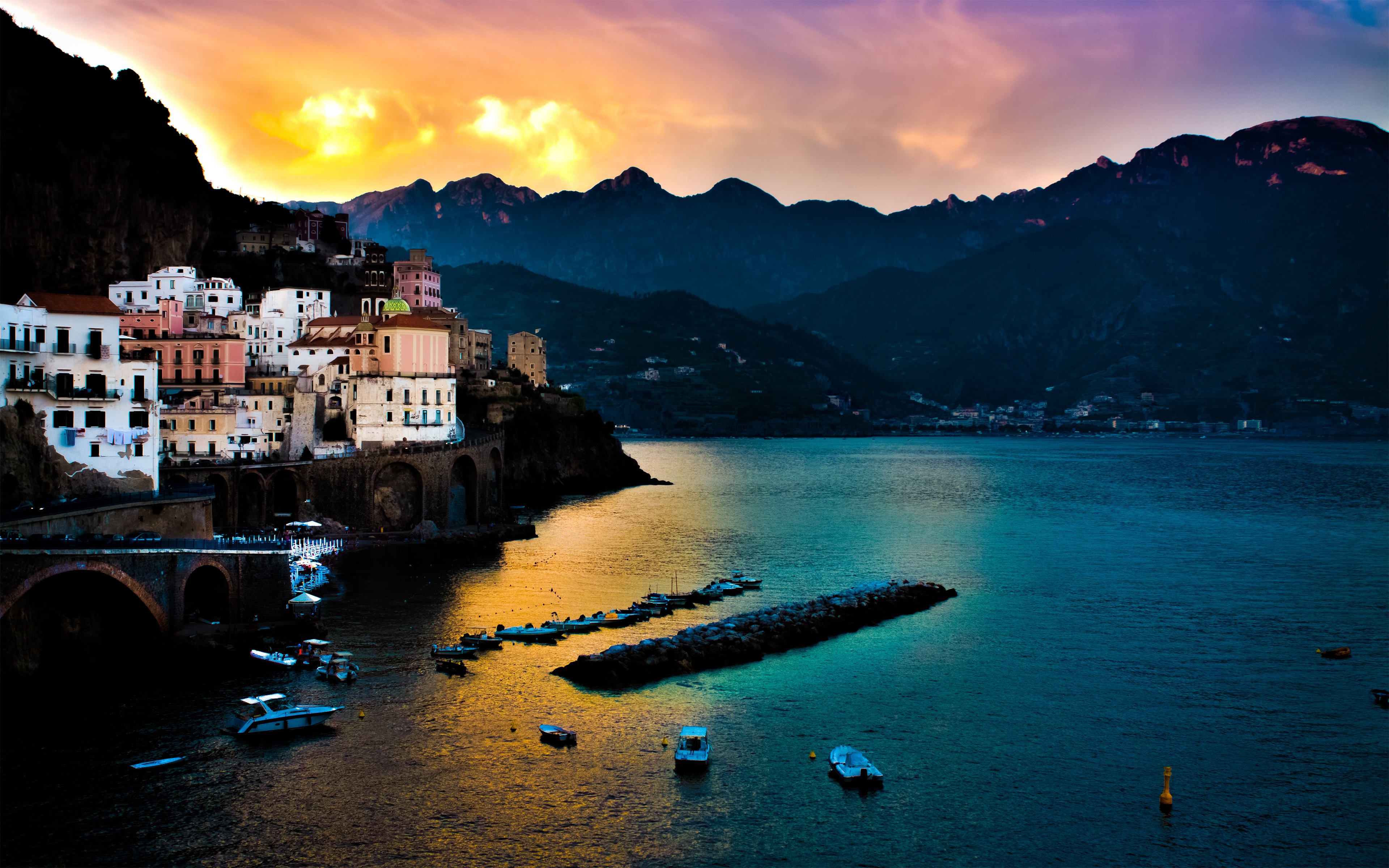 tyrrhenian, Sea, Amalfi, Italy, Town, Village, Building, Sunset, Marina