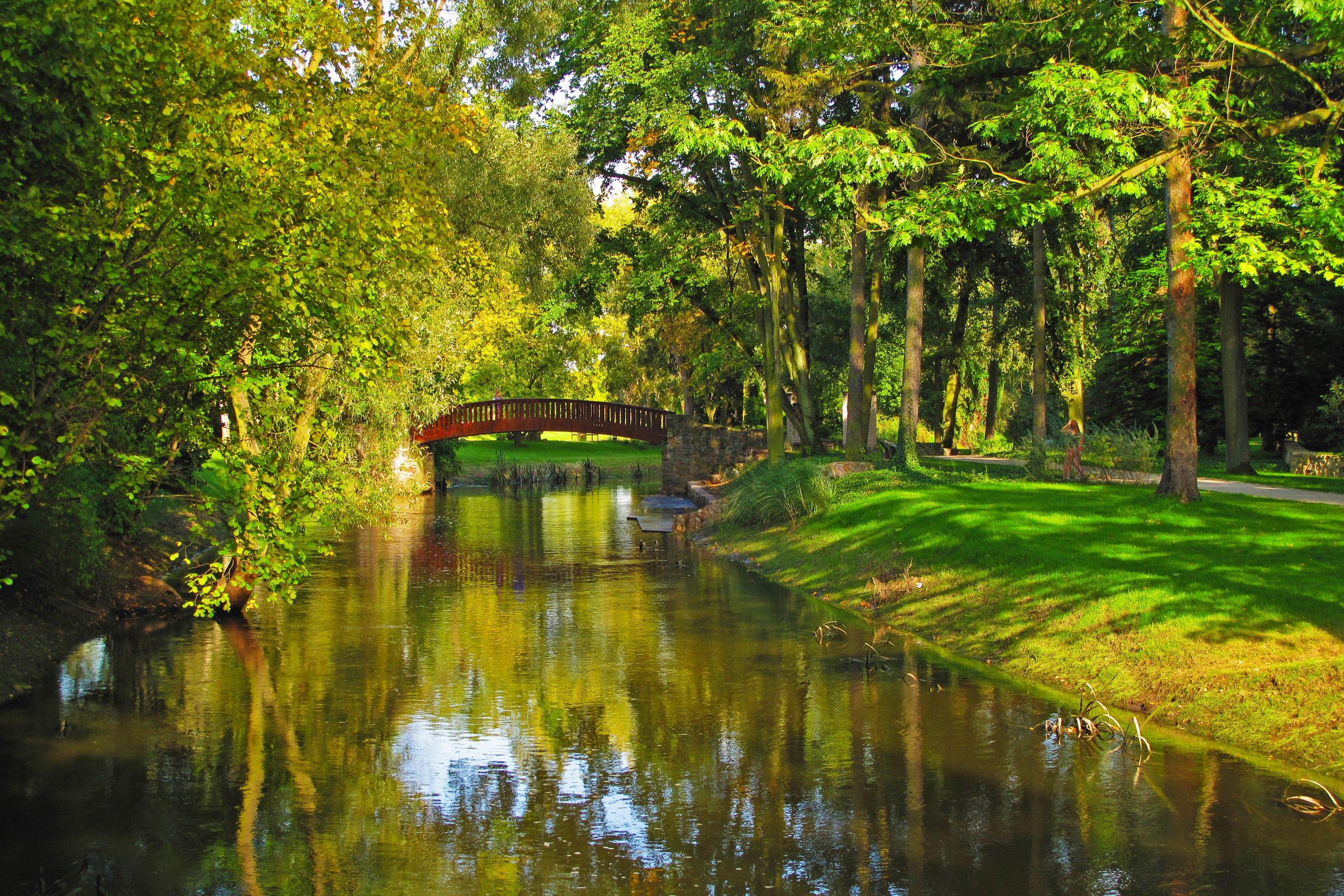 poland, Park, River, Bridge, Sochaczew, Trees, Grass, Nature Wallpaper